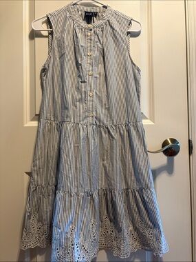GAP Blue and White Striped Sleeveless Tiered Dress with Eyelet Hem